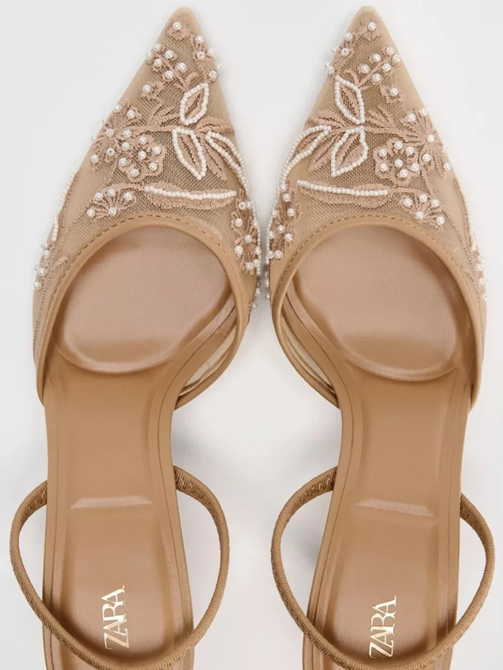 Zara tan embroidered & beaded mesh sling-back heels. 10 NWT
